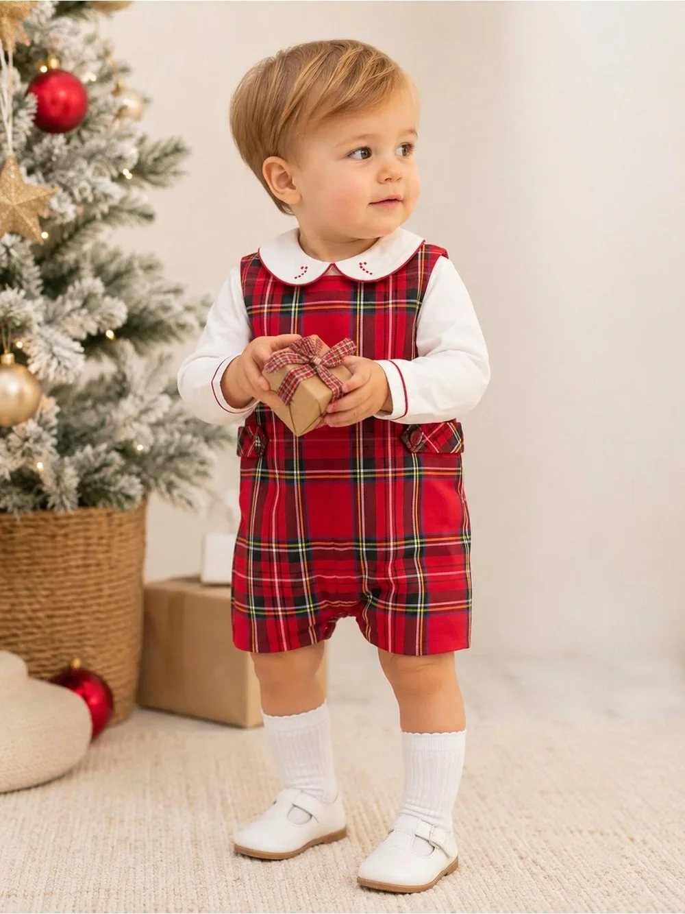 Edgehill Collection Candy Cane Shortall Set Kids Red Plaid Size 3T NWT